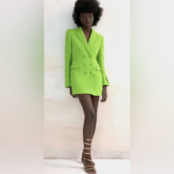 100% Authentic ZARA Neon Green Textured Blazer Dress - Picture 3 of 5